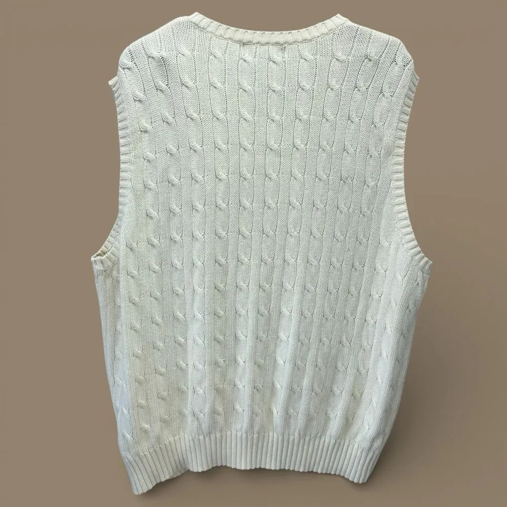 Mens Cable Knit Sweater Vest XL Ivory V Neck Pullover Knit Cotton Prep Academia